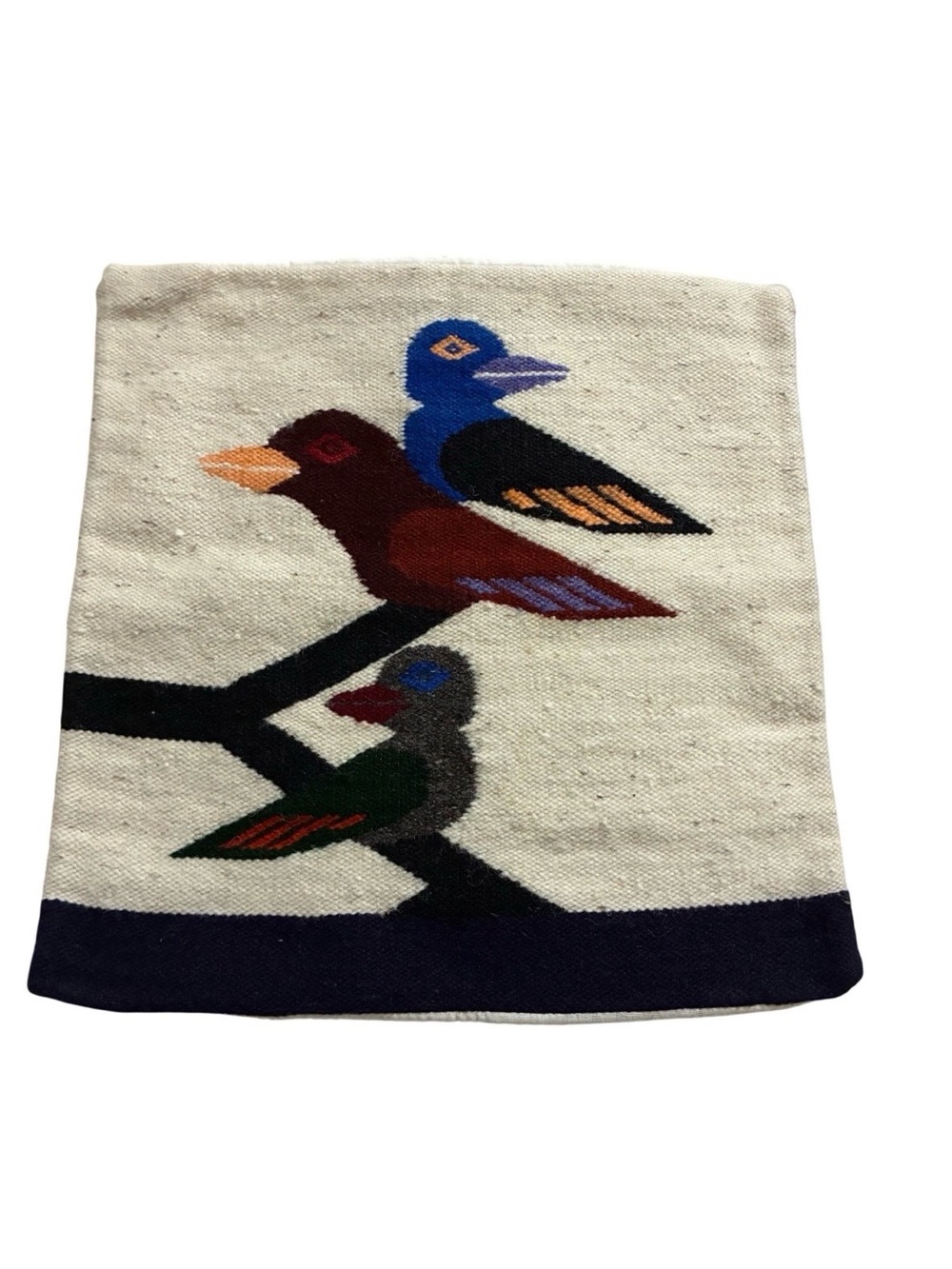 Folk Art Woven Wool Tapestry Pillow Cover Bird Pattern 14.5 Square Bohemian Boho